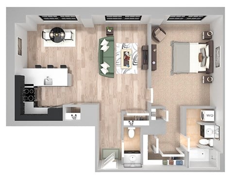Floor plan for 1 bed, 1.5 baths, 890 sqft